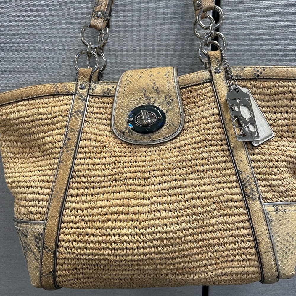 COACH HAMPTON PYTHON LEATHER TRIM AND STRAW TOTE